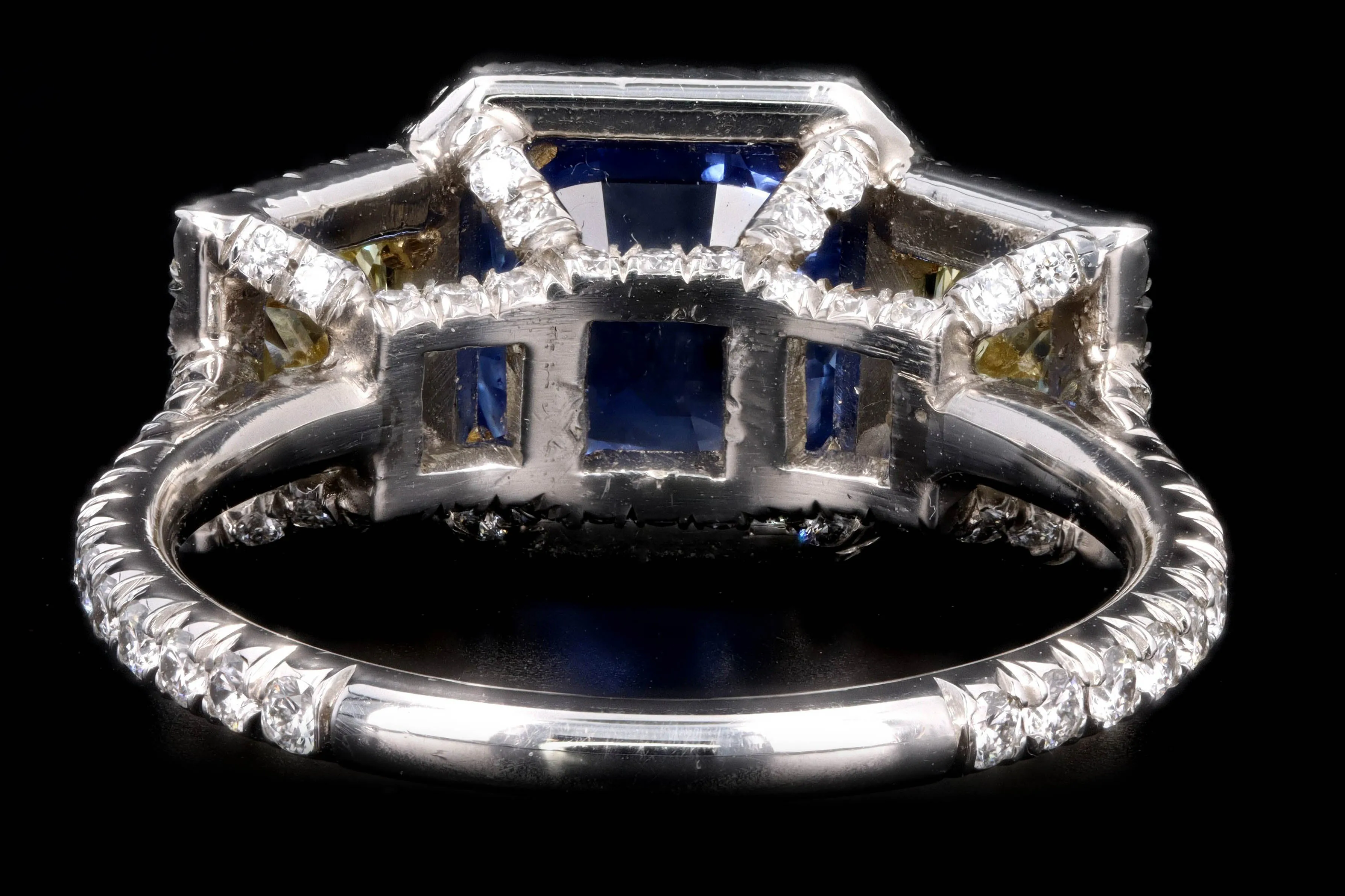 Modern Platinum 2.05 Carat Cushion Cut Sapphire & Fancy Yellow Diamond Ring