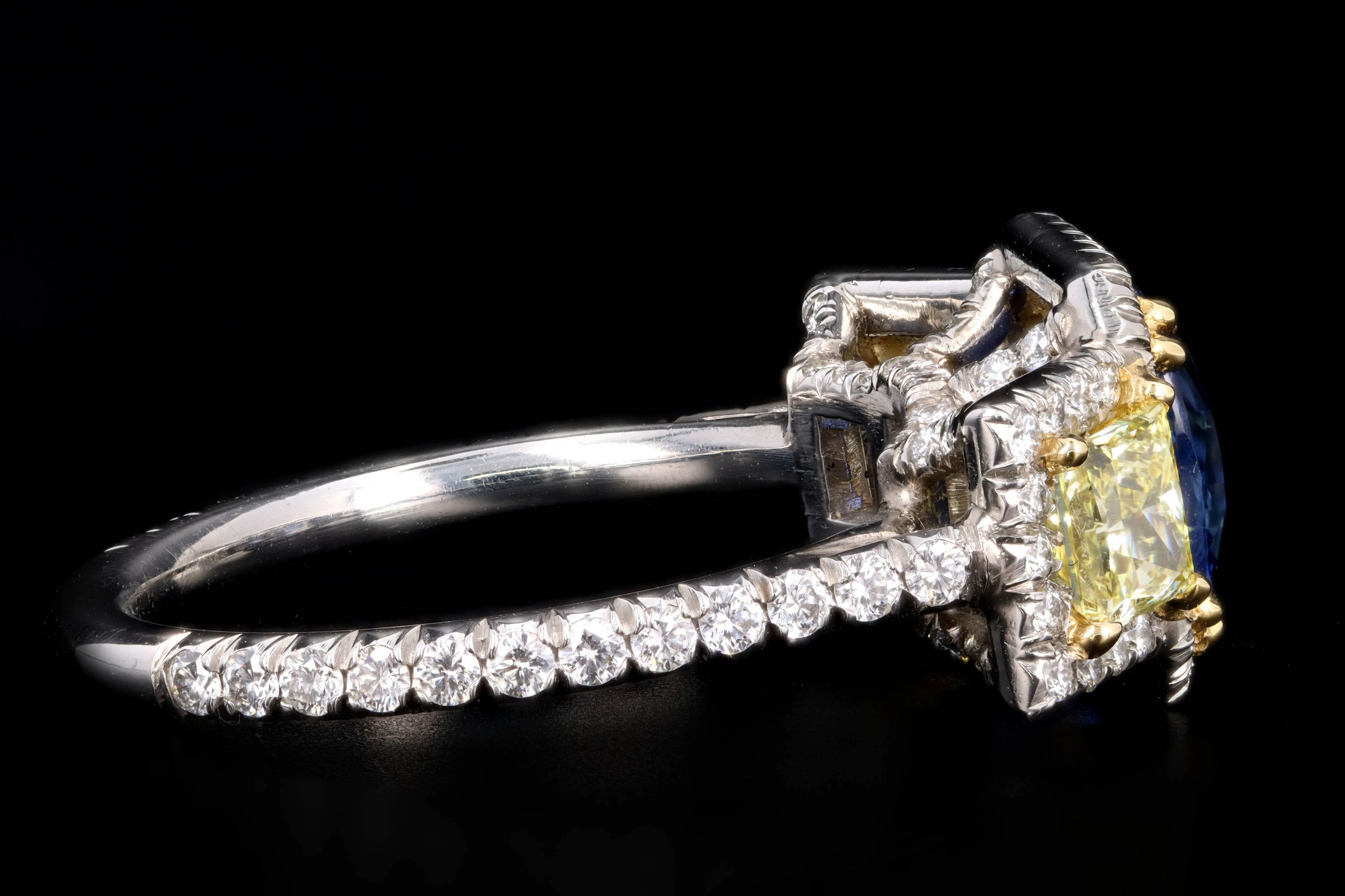 Modern Platinum 2.05 Carat Cushion Cut Sapphire & Fancy Yellow Diamond Ring