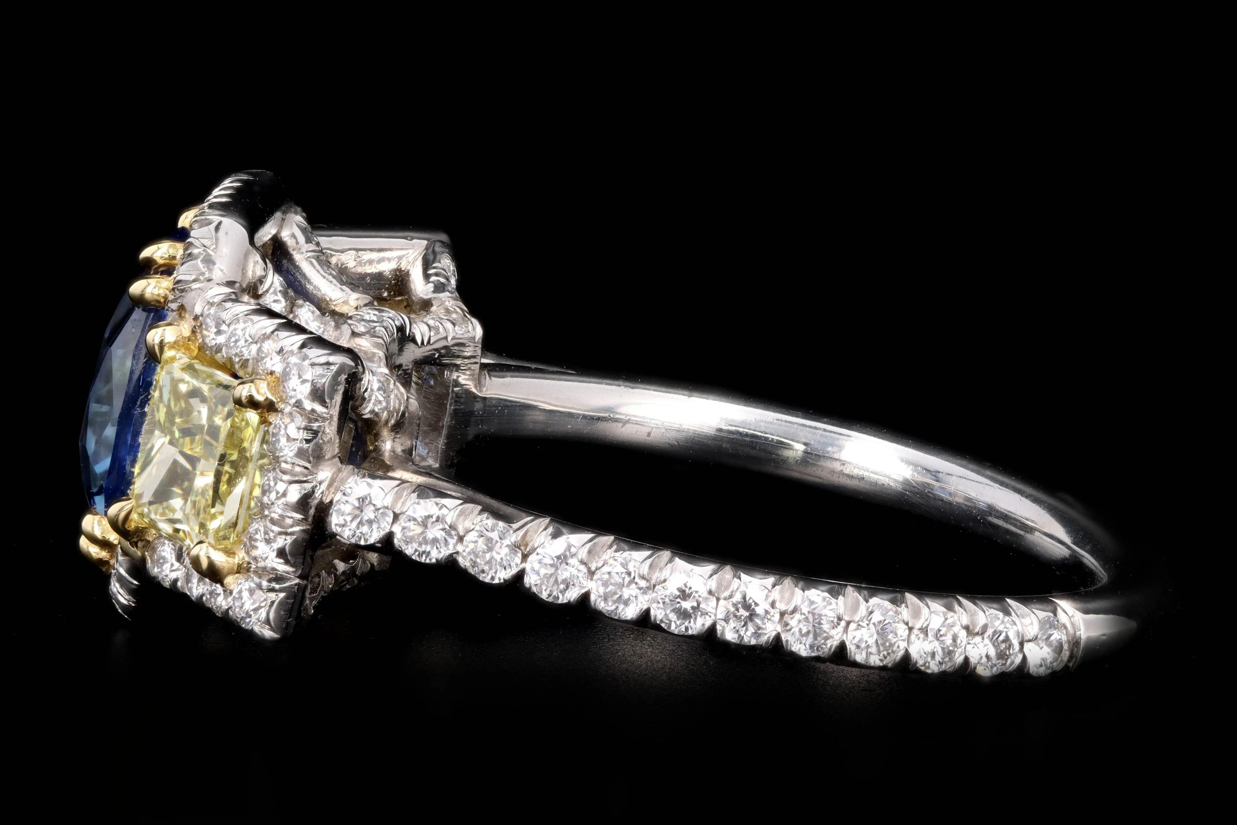 Modern Platinum 2.05 Carat Cushion Cut Sapphire & Fancy Yellow Diamond Ring