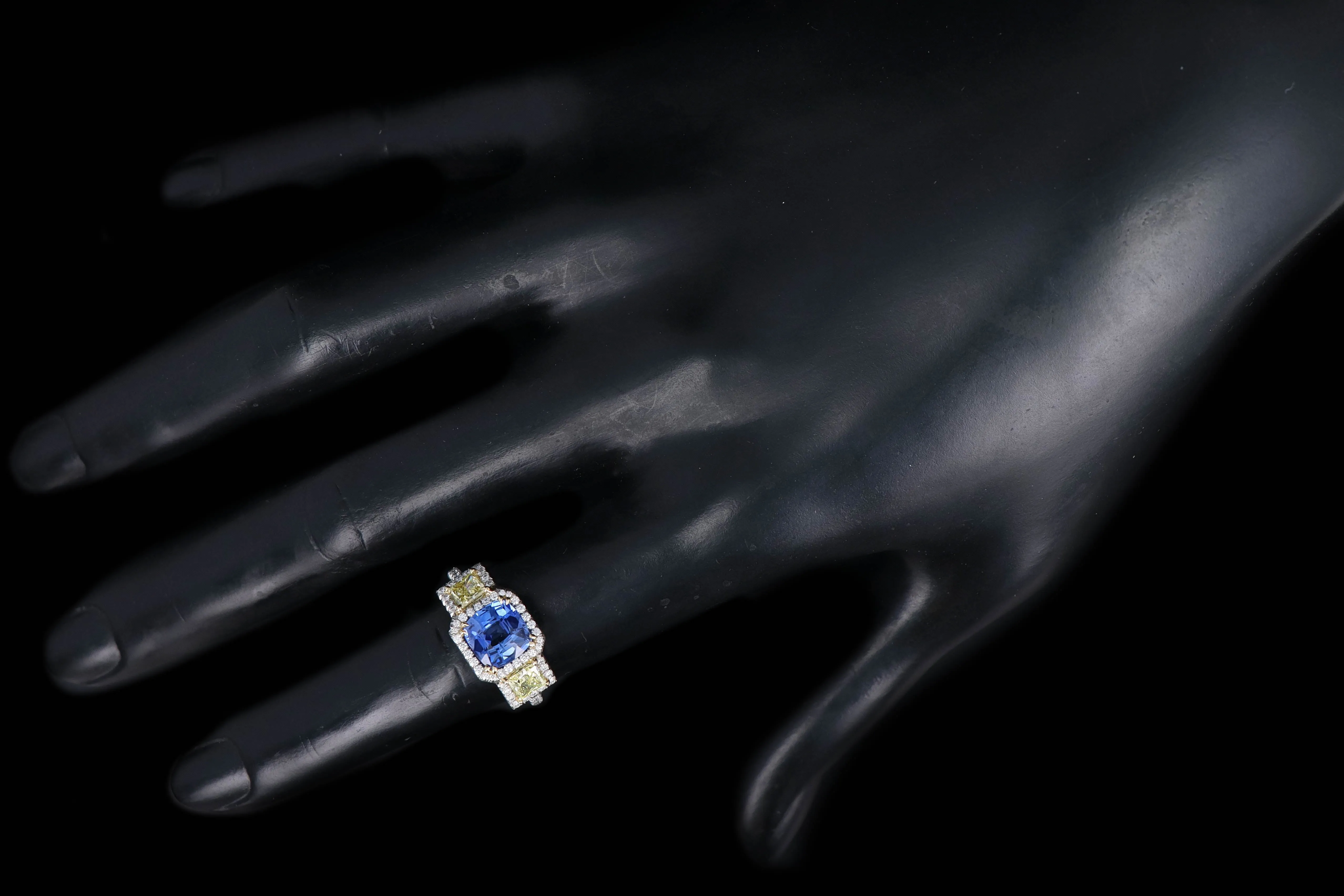 Modern Platinum 2.05 Carat Cushion Cut Sapphire & Fancy Yellow Diamond Ring