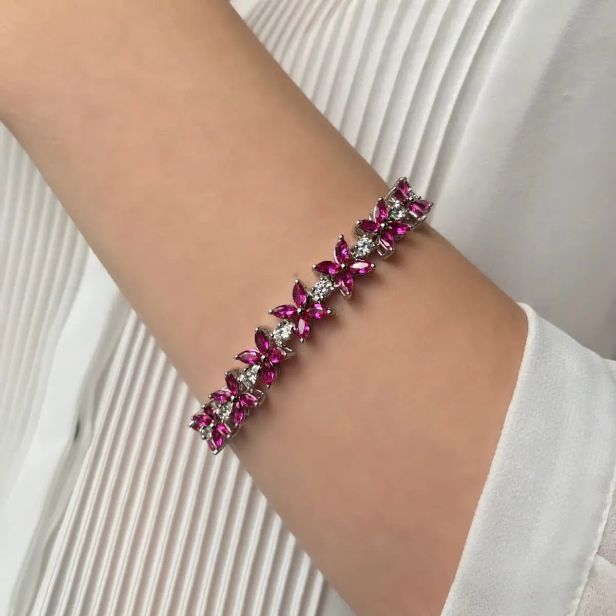 Multi-flower Silver Flower Tennis Bracelet
