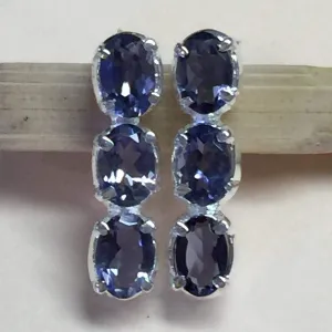 Natural Iolite 925 Solid Sterling Silver Earrings 18mm