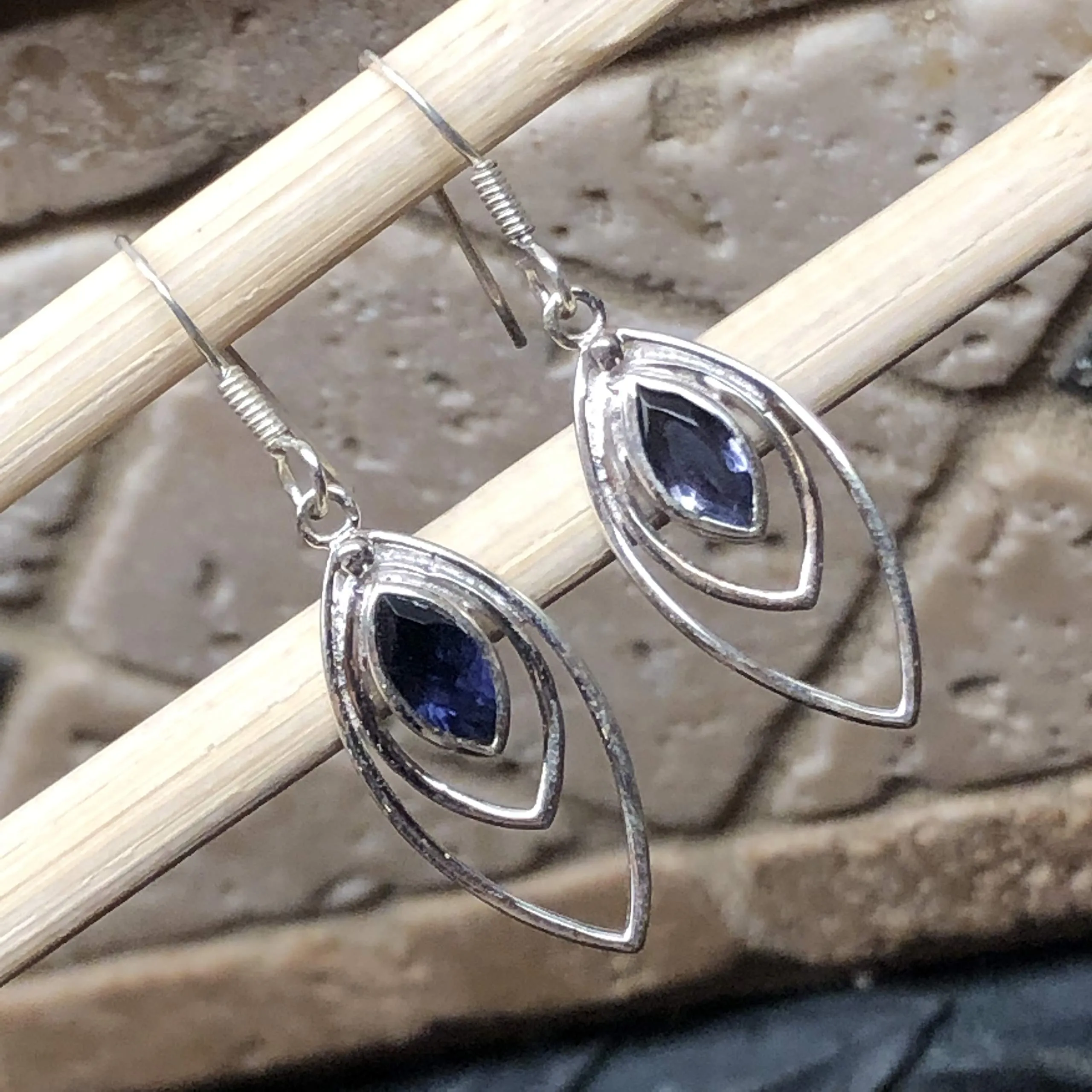 Natural Iolite 925 Solid Sterling Silver Earrings 30mm