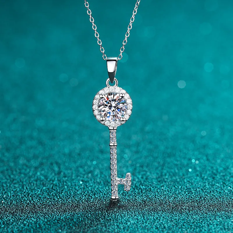 Natural Moissanite Halo Key Necklace