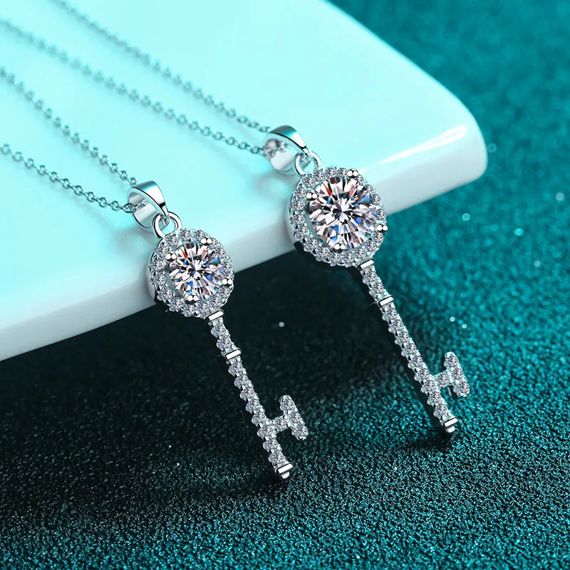 Natural Moissanite Halo Key Necklace