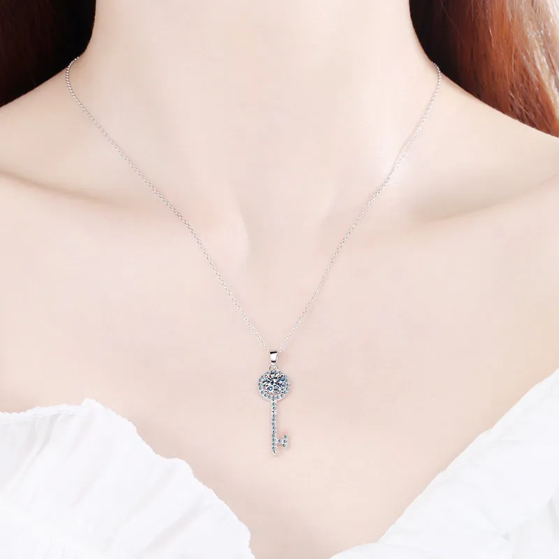 Natural Moissanite Halo Key Necklace