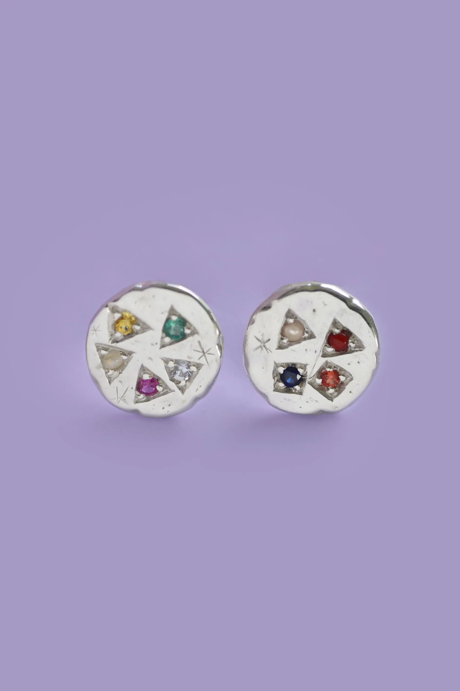 Navaratna Silver Disc Stud Earrings