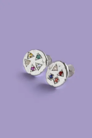 Navaratna Silver Disc Stud Earrings