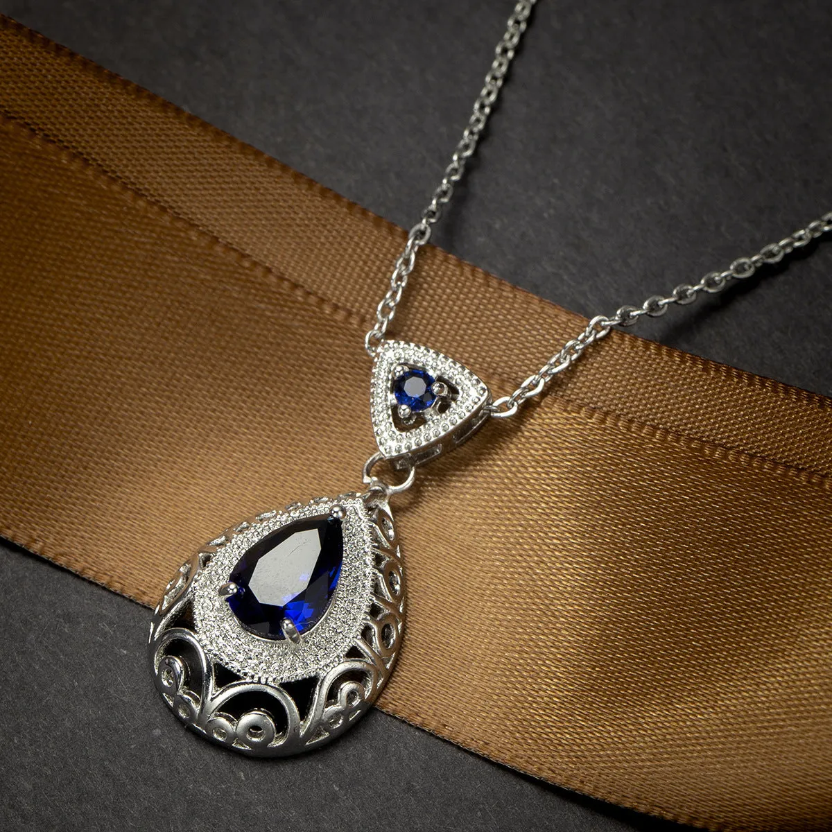 Navy Crystal & Silver-Plated Filigree Pear Pendant Necklace