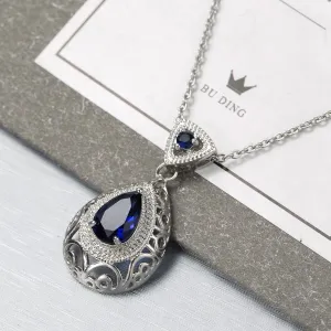 Navy Crystal & Silver-Plated Filigree Pear Pendant Necklace