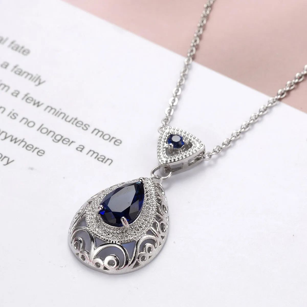 Navy Crystal & Silver-Plated Filigree Pear Pendant Necklace
