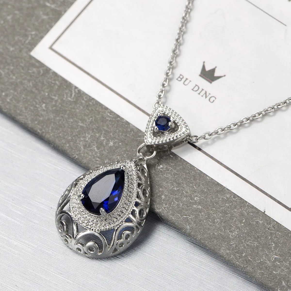 Navy Crystal & Silver-Plated Filigree Pear Pendant Necklace