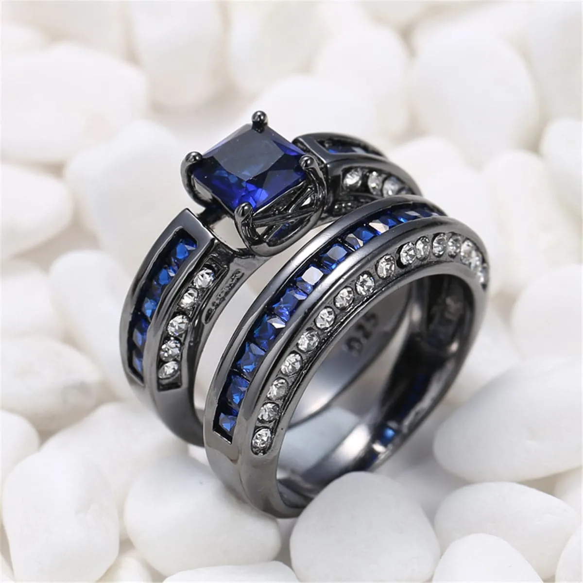 Navy Cubic Zirconia Princess-Cut Ring & Band