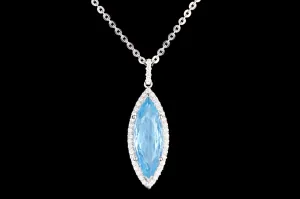New 14K White Gold 4.47 Carat Marquise Cut Aquamarine and Diamond Halo Necklace