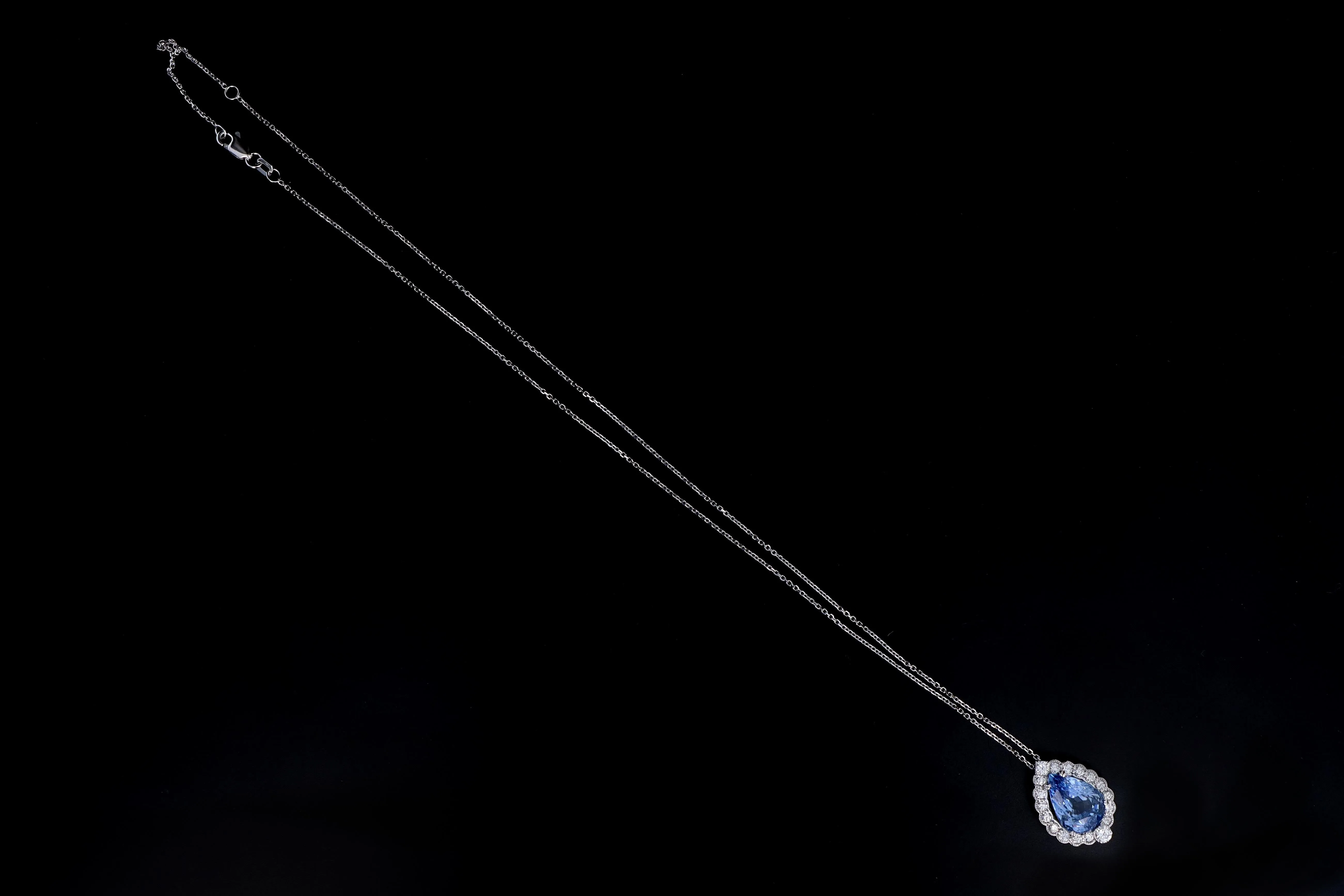 New 14K White Gold 7.23 Carat Natural Ceylon Sapphire & Diamond Halo Pendant Necklace GIA Certified