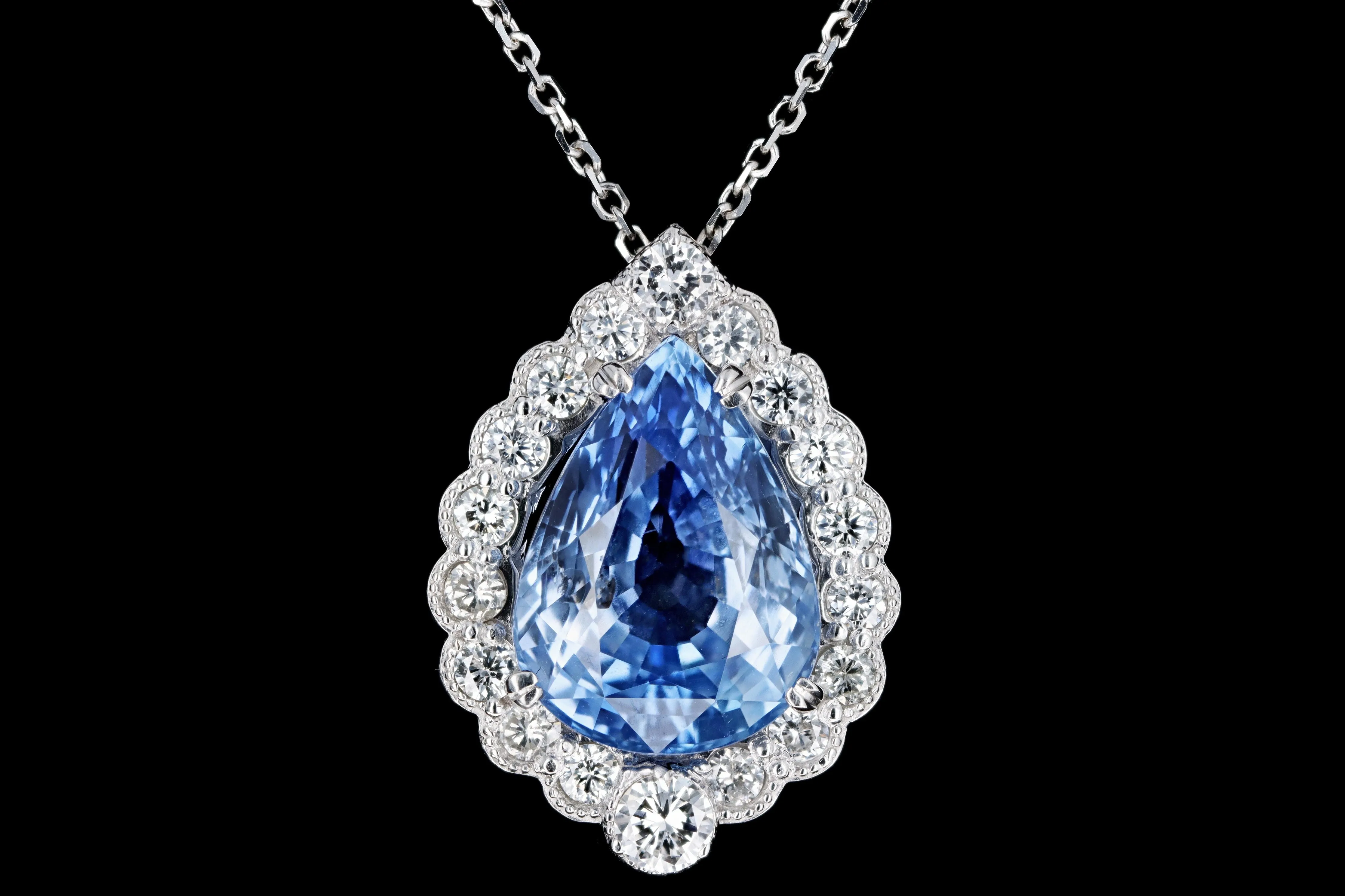 New 14K White Gold 7.23 Carat Natural Ceylon Sapphire & Diamond Halo Pendant Necklace GIA Certified