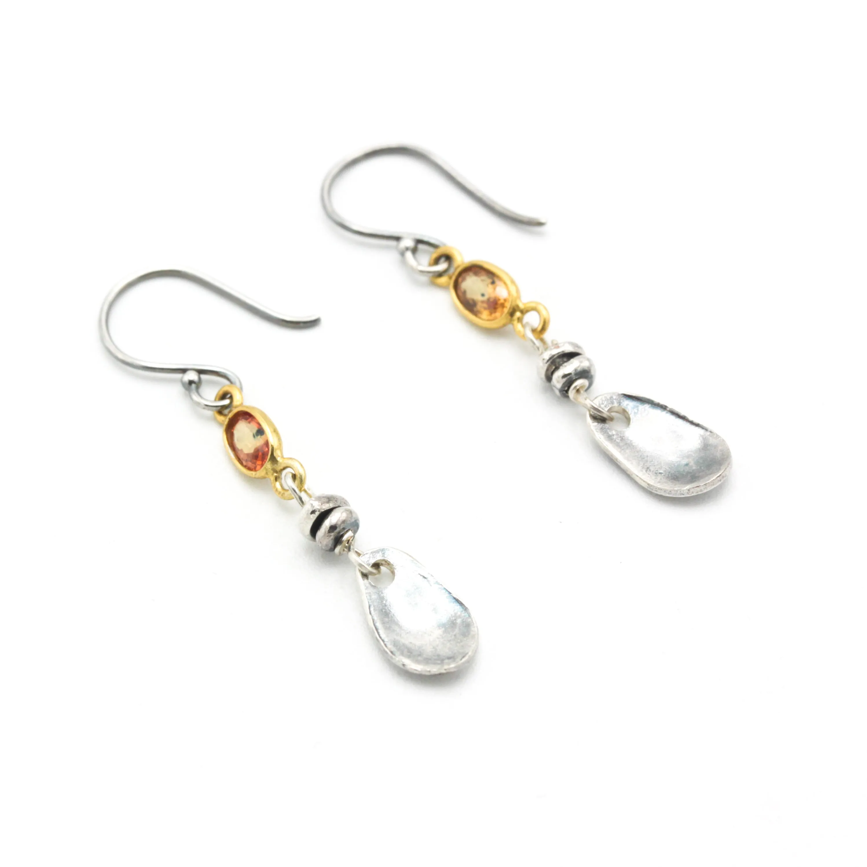 Orange sapphire earrings in bezel setting with silver leaf on sterling silver hooks style