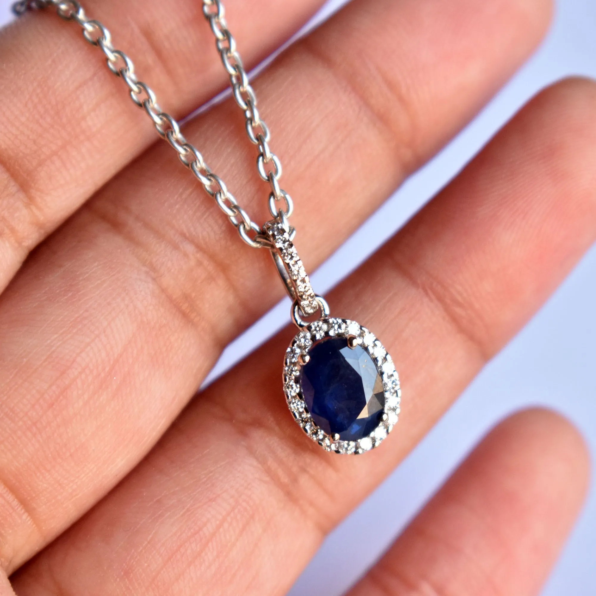 Oval Blue Sapphire Diamond Halo Pendant Necklace in 14K White Gold with Dainty Chain