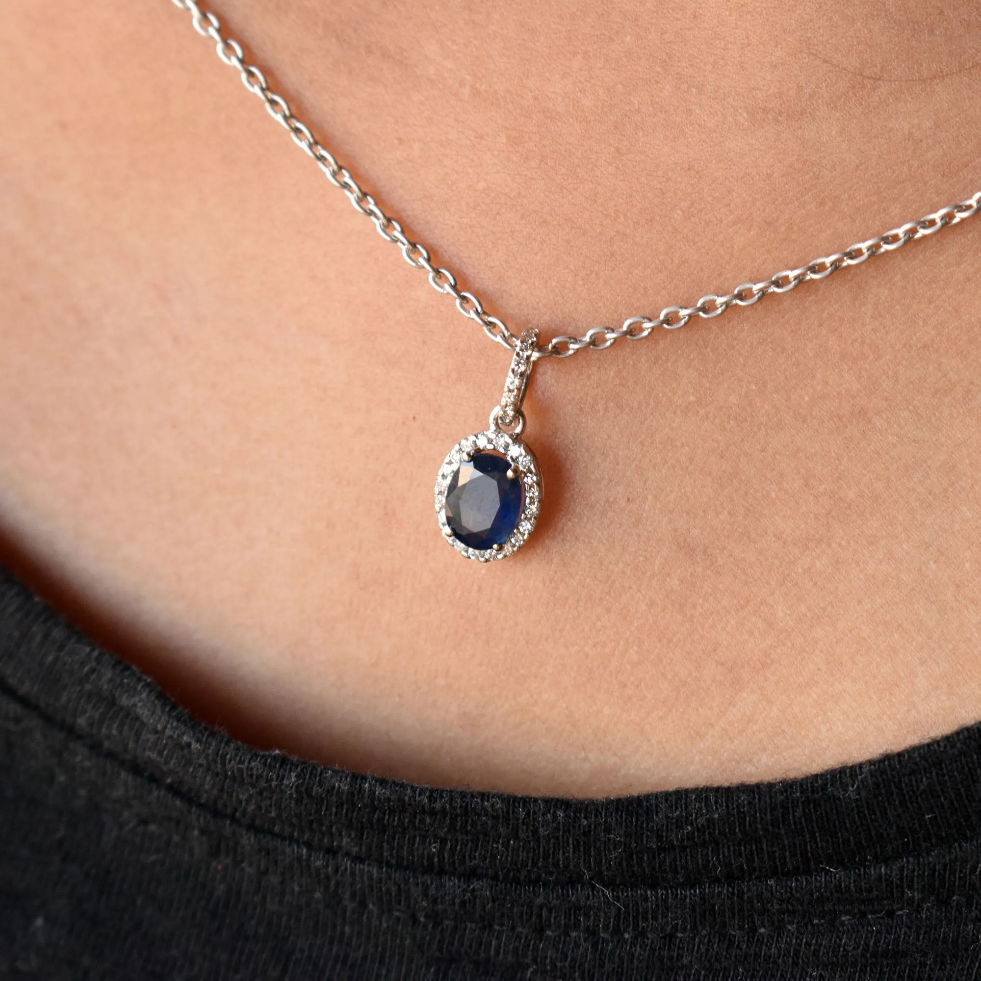 Oval Blue Sapphire Diamond Halo Pendant Necklace in 14K White Gold with Dainty Chain