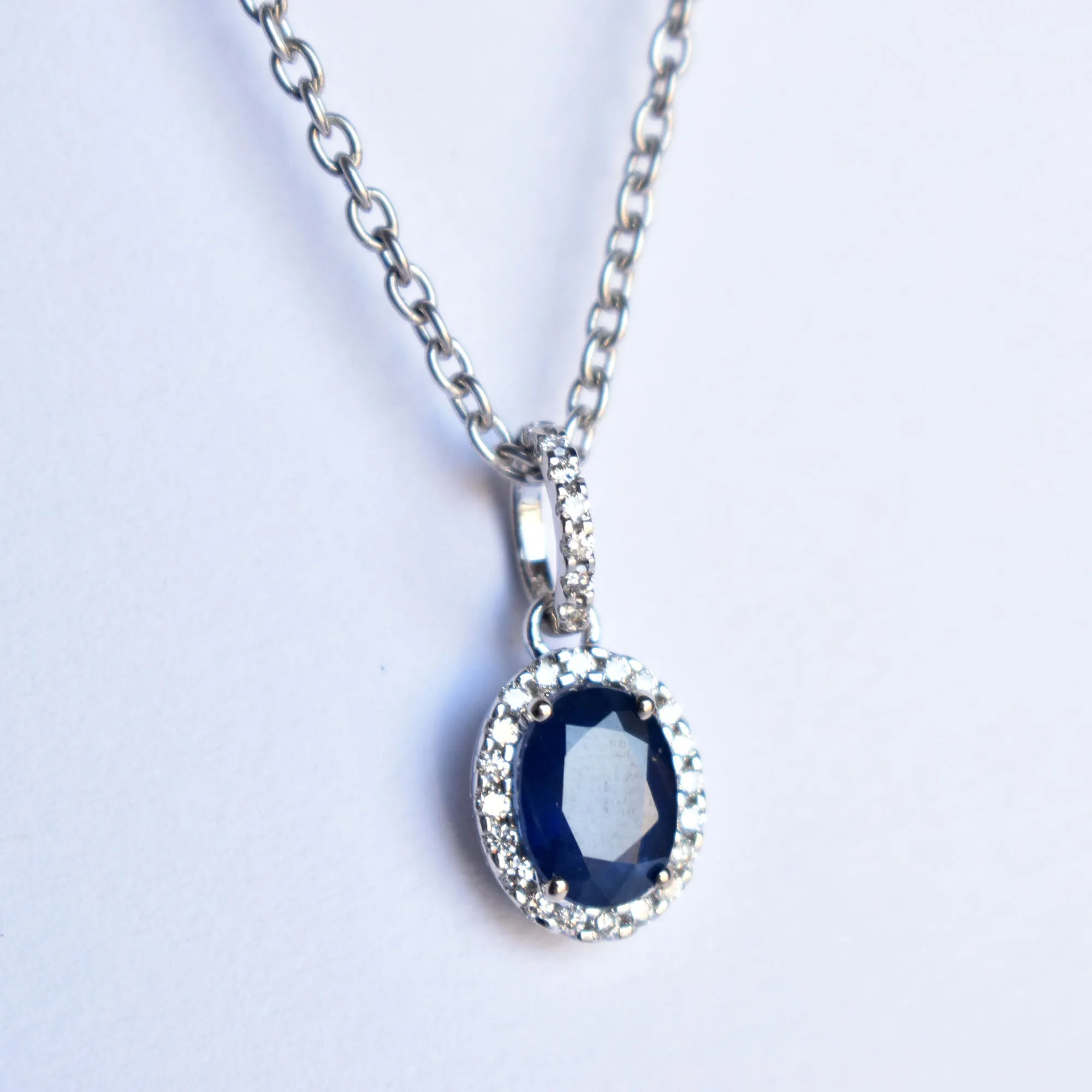Oval Blue Sapphire Diamond Halo Pendant Necklace in 14K White Gold with Dainty Chain