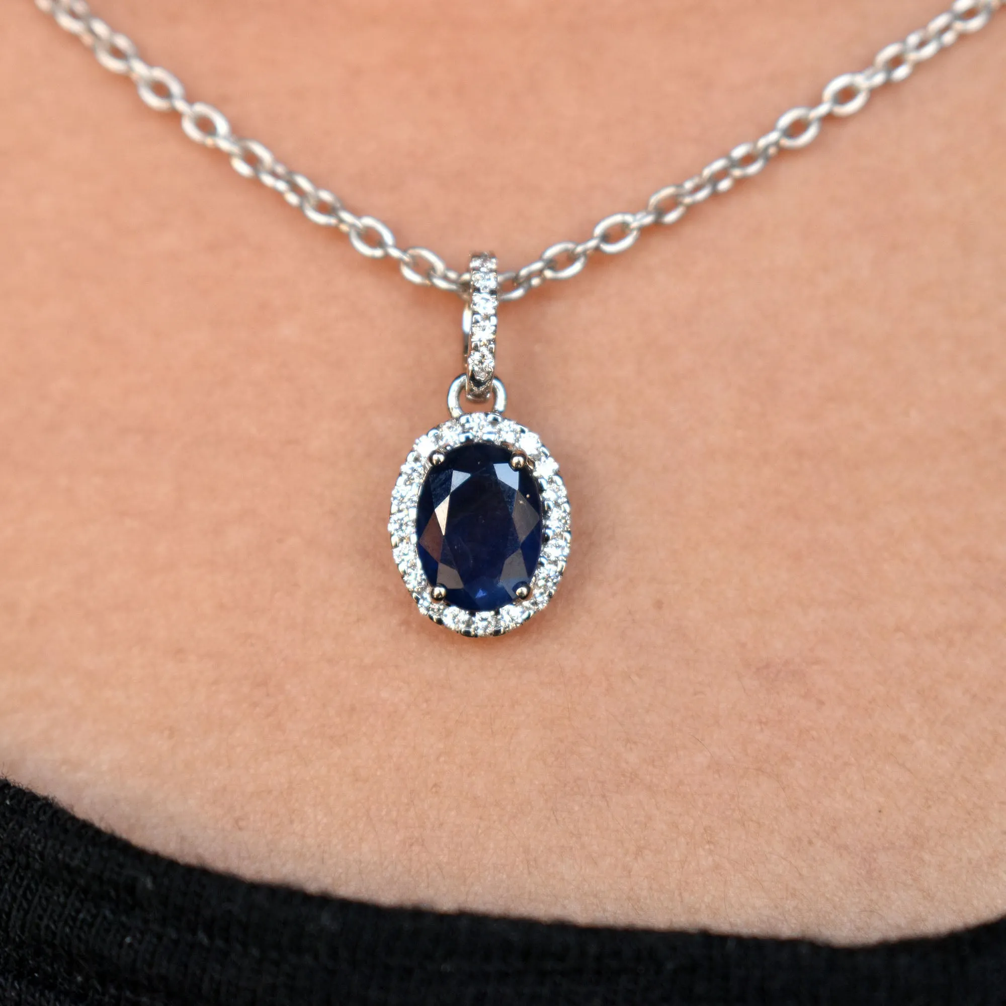 Oval Blue Sapphire Diamond Halo Pendant Necklace in 14K White Gold with Dainty Chain