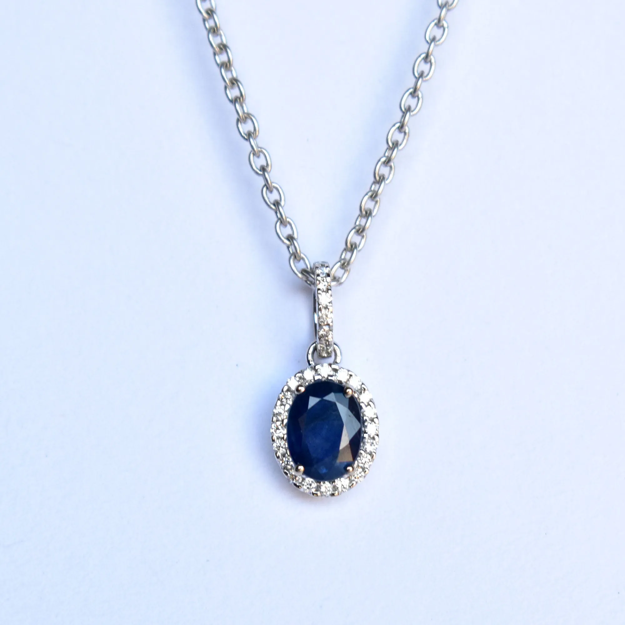 Oval Blue Sapphire Diamond Halo Pendant Necklace in 14K White Gold with Dainty Chain