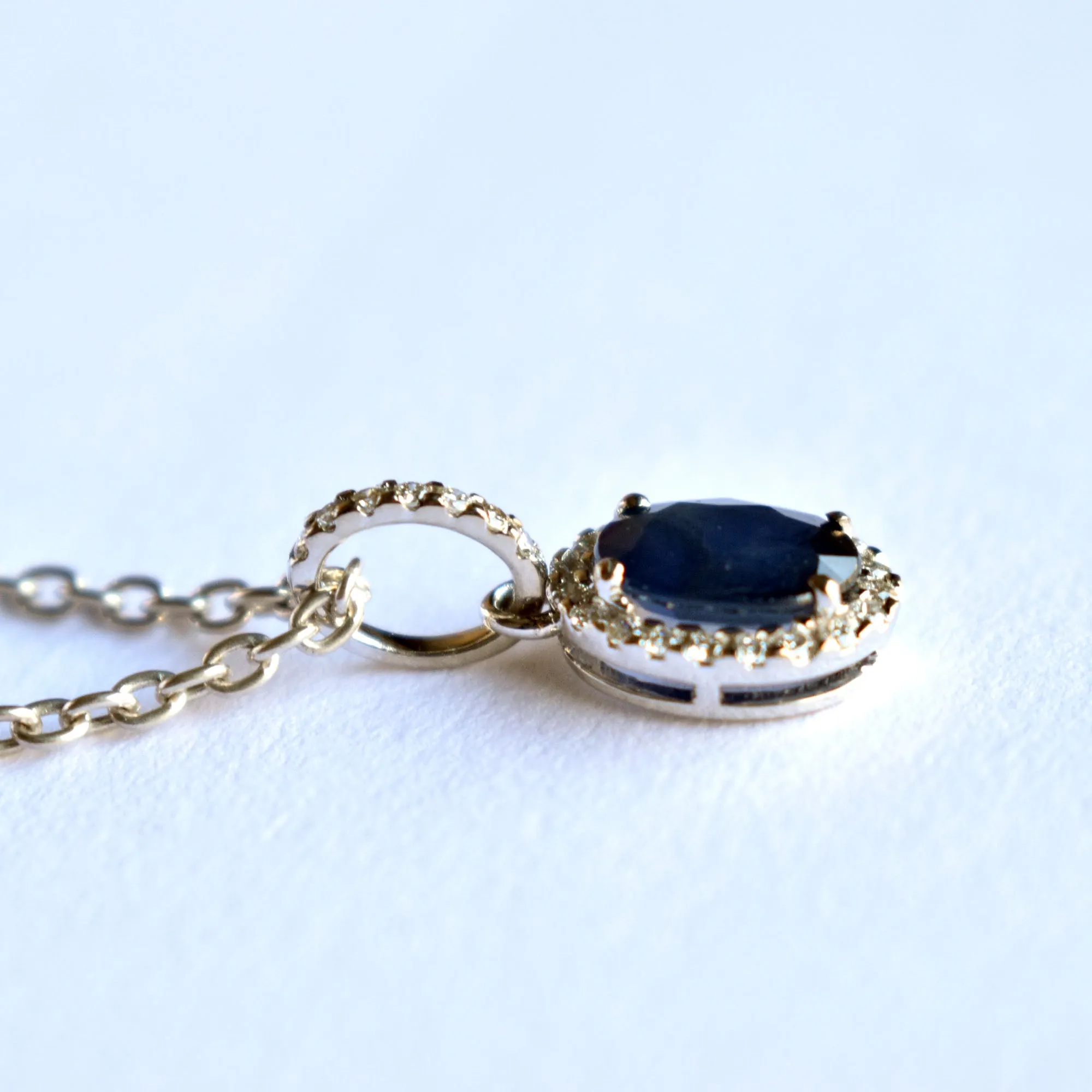 Oval Blue Sapphire Diamond Halo Pendant Necklace in 14K White Gold with Dainty Chain