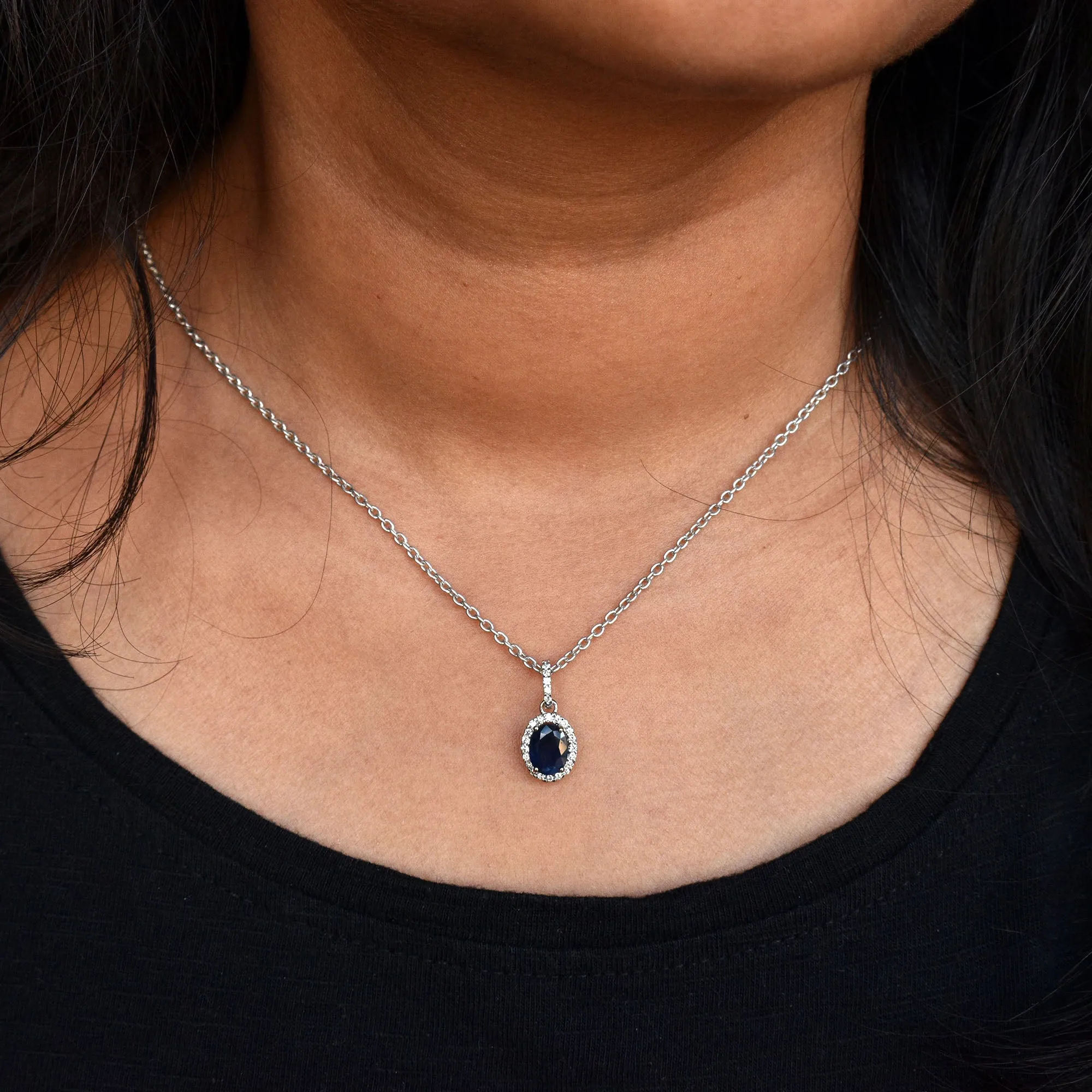 Oval Blue Sapphire Diamond Halo Pendant Necklace in 14K White Gold with Dainty Chain