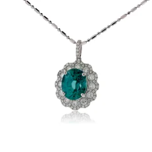 Oval Blue Zircon with Unique Diamond Halo Pendant