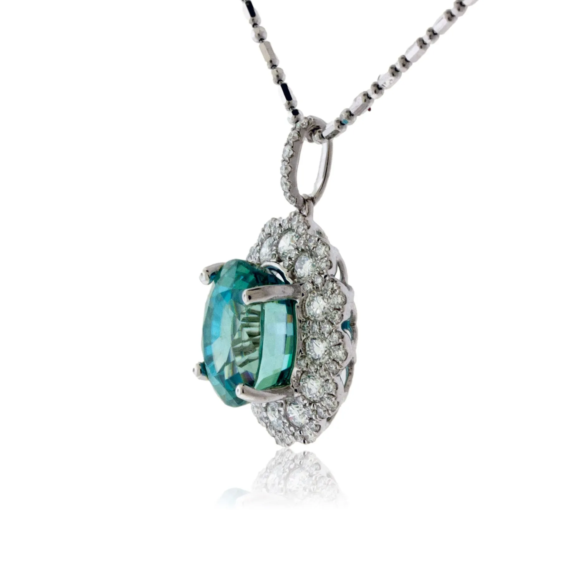 Oval Blue Zircon with Unique Diamond Halo Pendant
