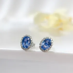 Oval Halo Blue Sapphire Earrings 18K solid gold and Diamond with Certificate