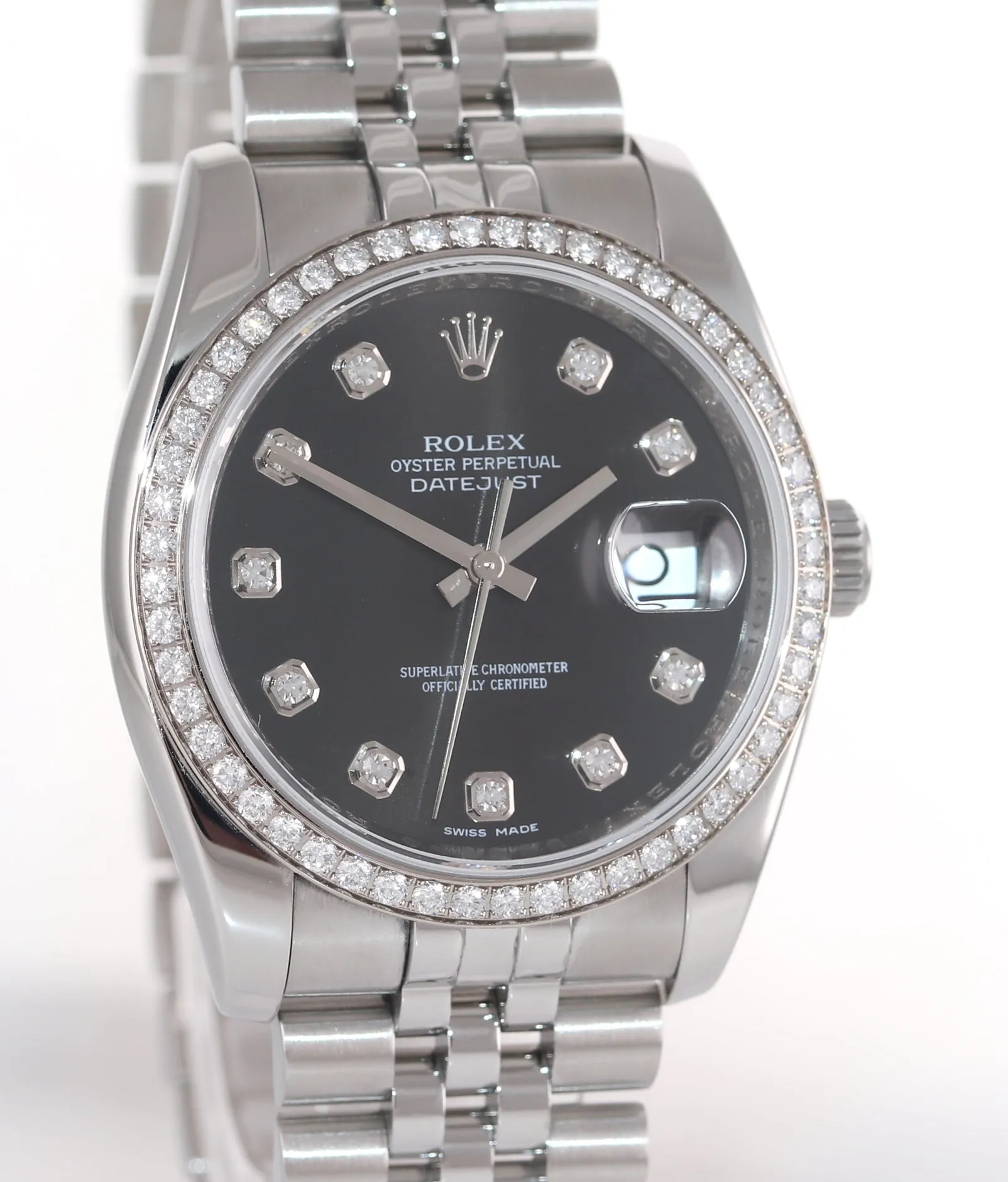 PAPERS Rolex DateJust 116244 Jubilee Black Diamond Bezel 36mm Steel Watch Box