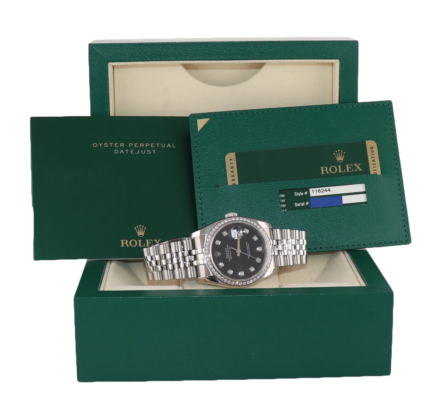 PAPERS Rolex DateJust 116244 Jubilee Black Diamond Bezel 36mm Steel Watch Box