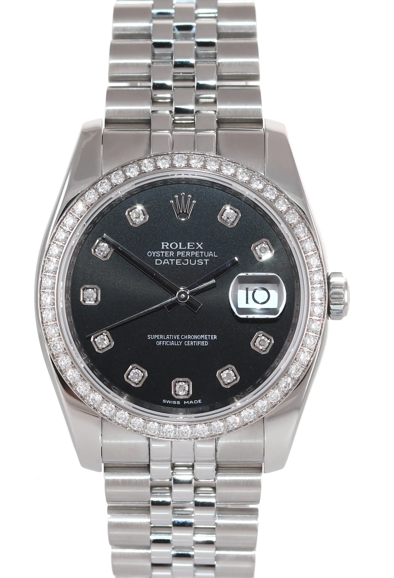 PAPERS Rolex DateJust 116244 Jubilee Black Diamond Bezel 36mm Steel Watch Box