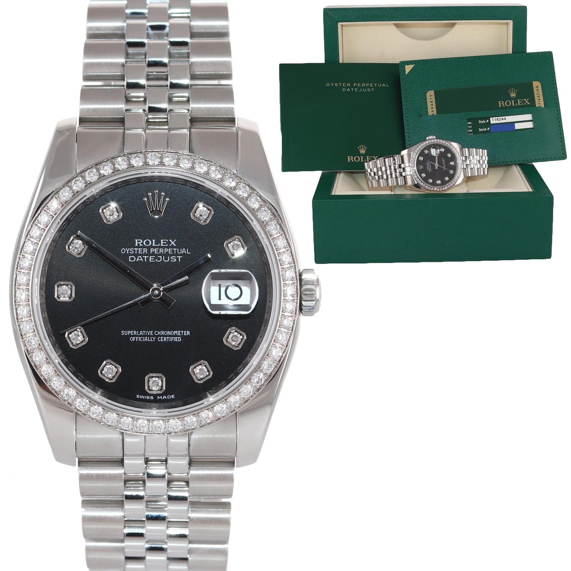 PAPERS Rolex DateJust 116244 Jubilee Black Diamond Bezel 36mm Steel Watch Box