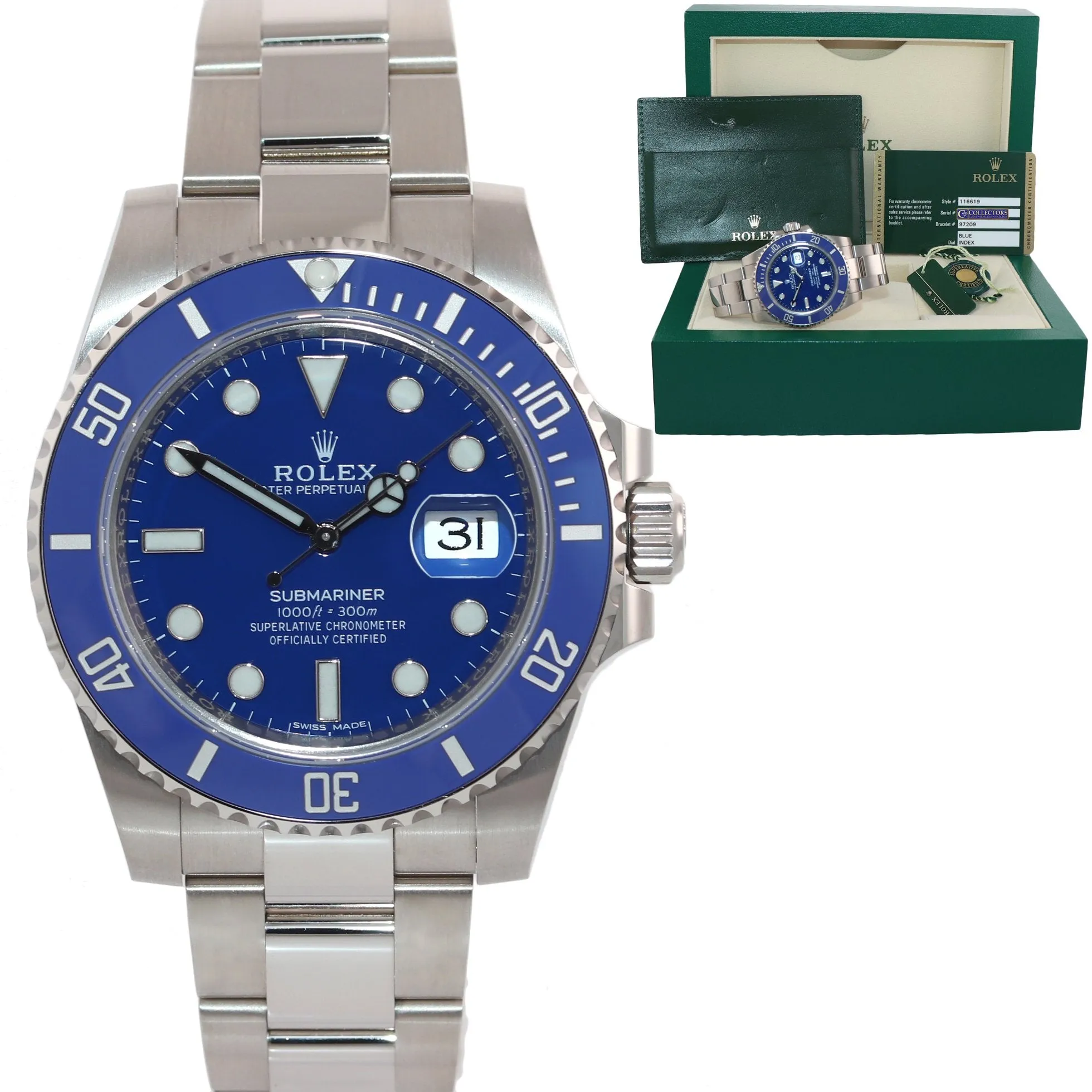 PAPERS Rolex Submariner Blue Smurf 116619 White Gold Watch Box DISCONTINUED