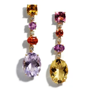 Party - Mismatched Drop Earrings with Pink Tourmaline, Citrine, Rose de France, Orange and Pink Sapphires, Diamonds, 18k Yellow Gold