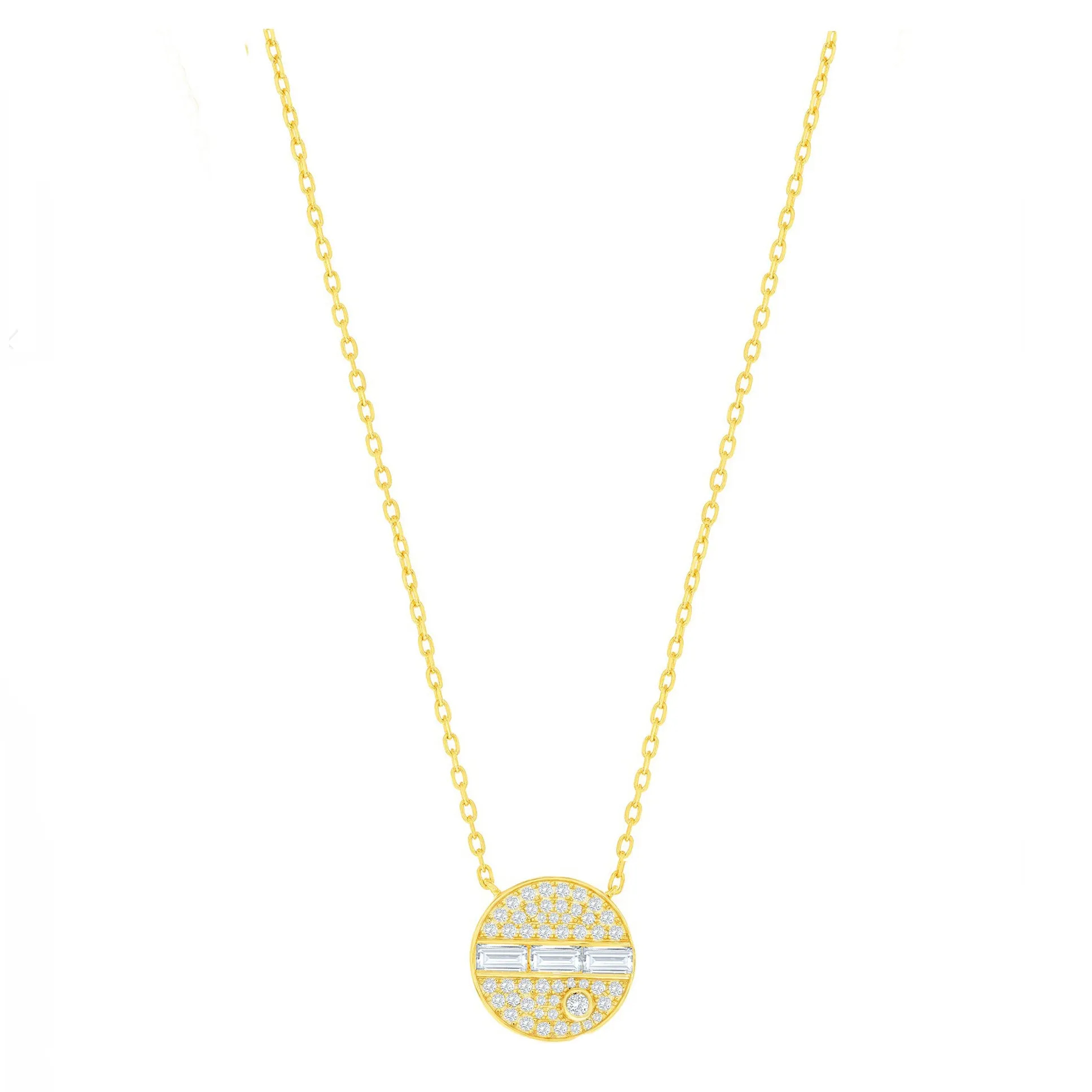 Pave CZ and Baguette Disc Pendant Necklace
