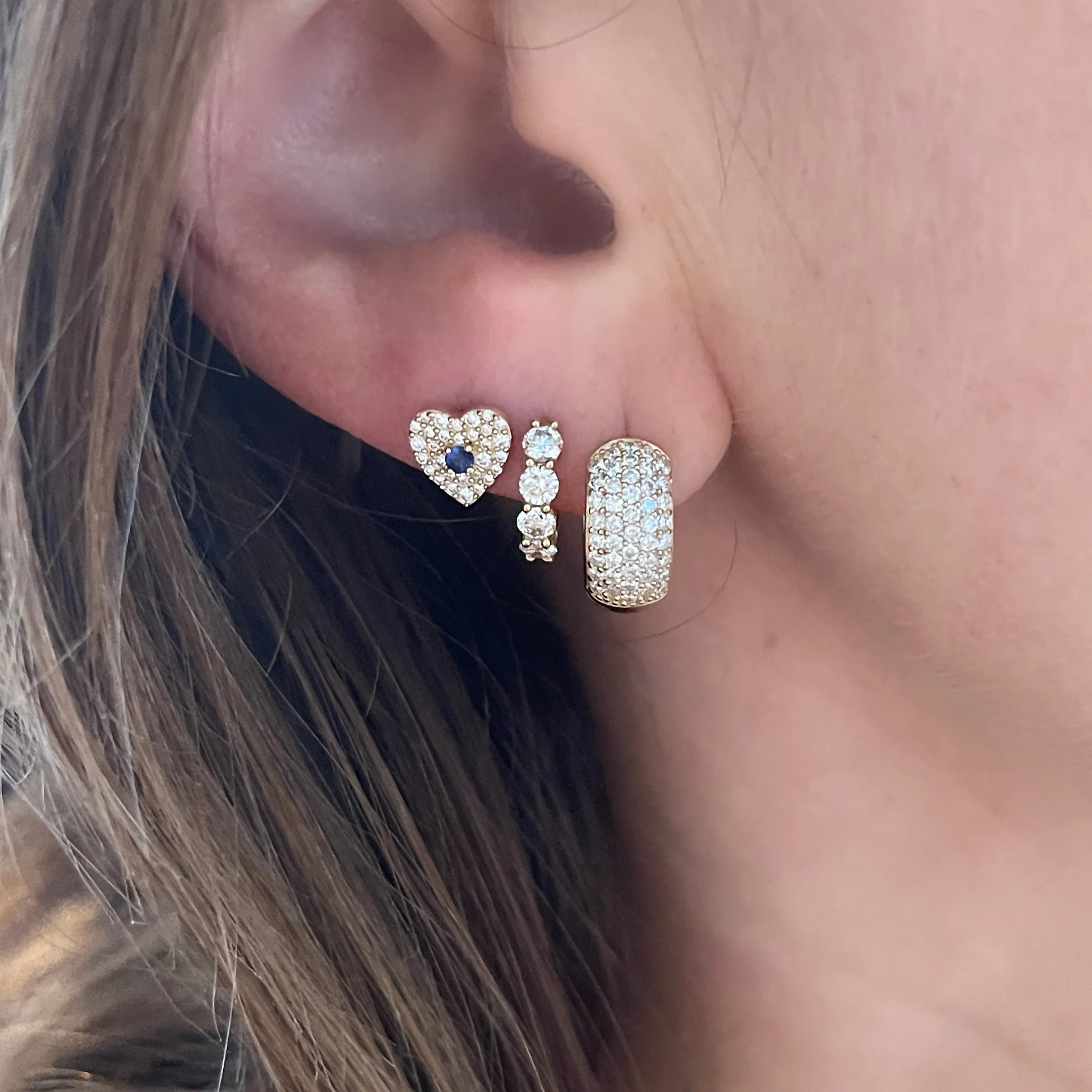 Pave Heart with Gemstone Center Stud Earrings