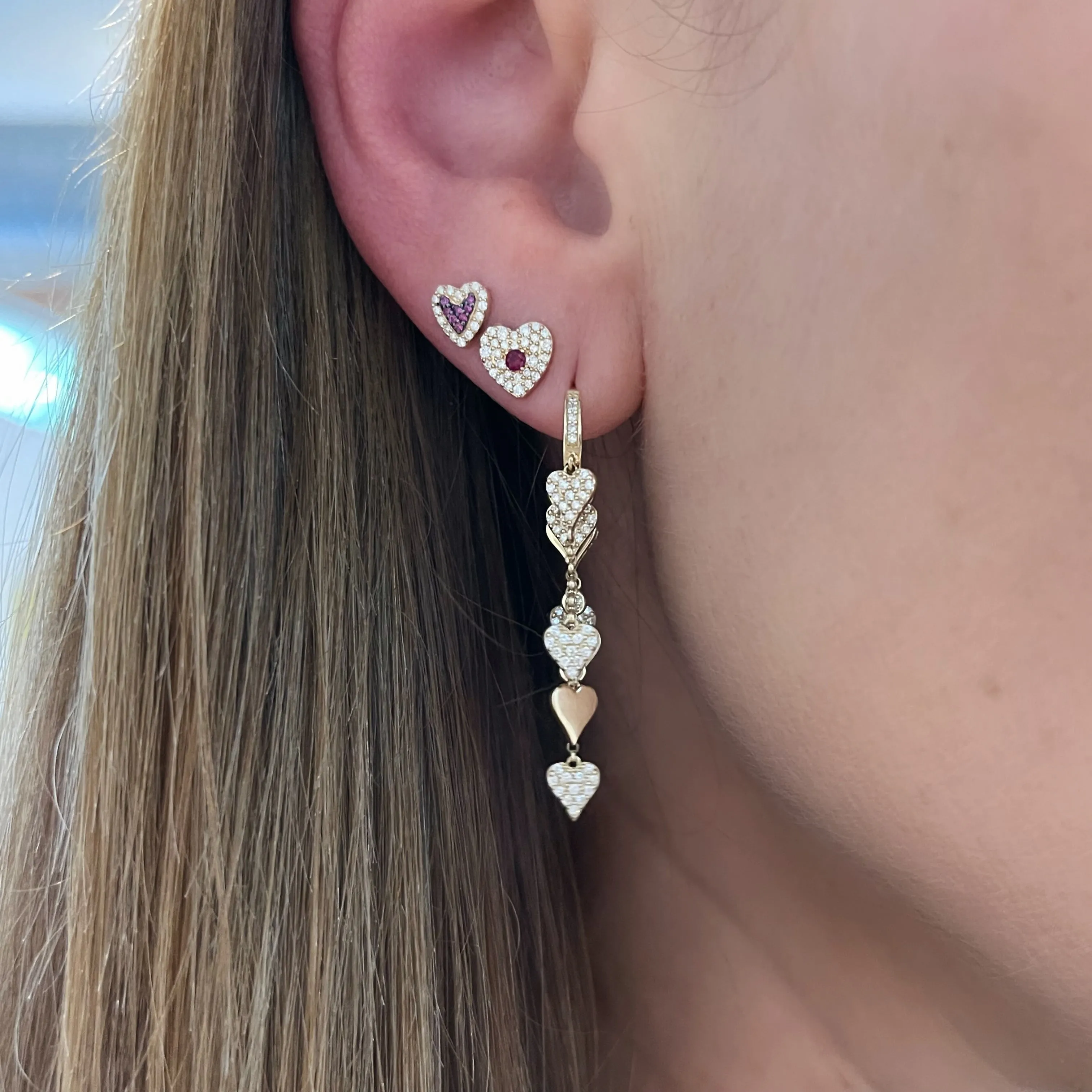 Pave Heart with Gemstone Center Stud Earrings
