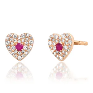 Pave Heart with Gemstone Center Stud Earrings