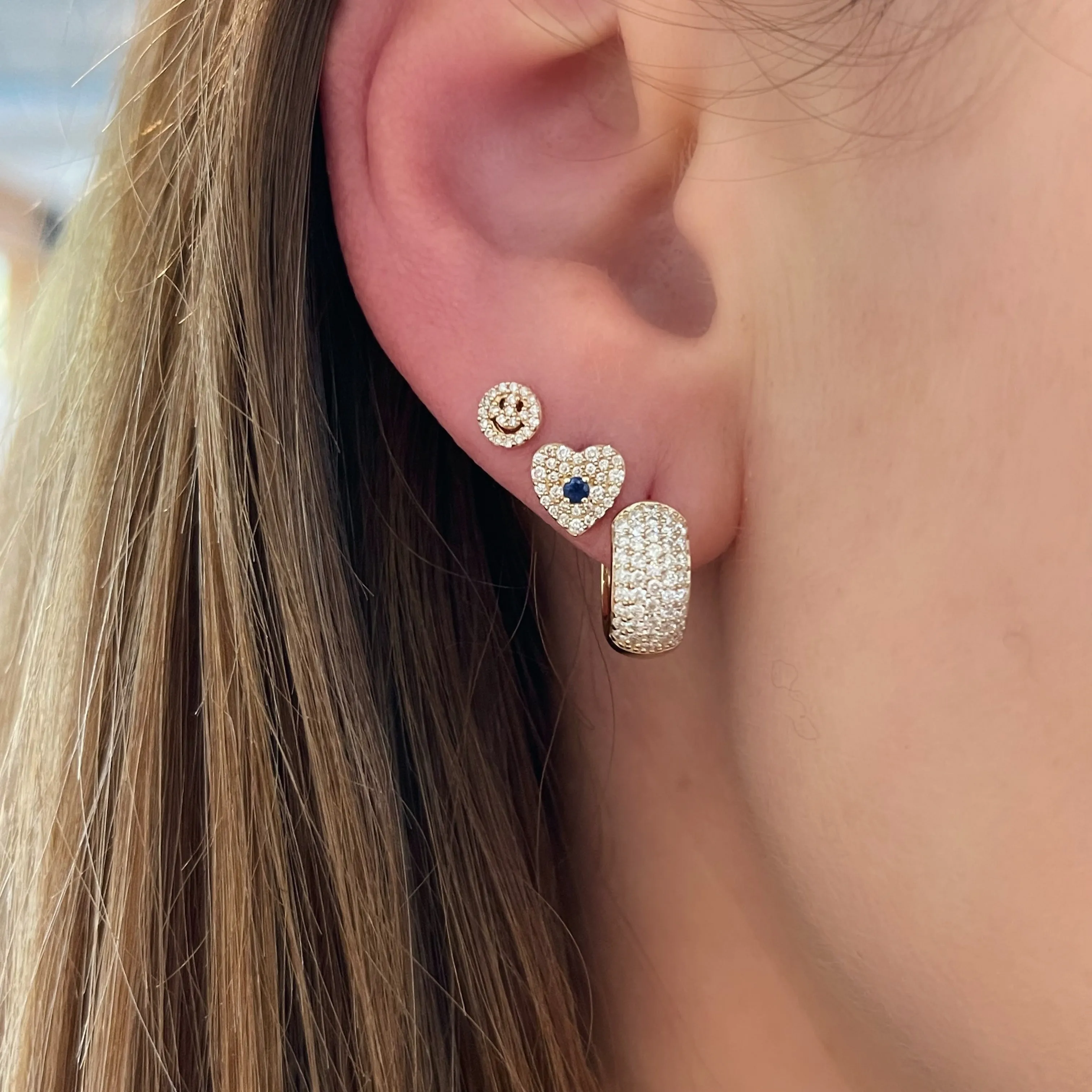 Pave Heart with Gemstone Center Stud Earrings