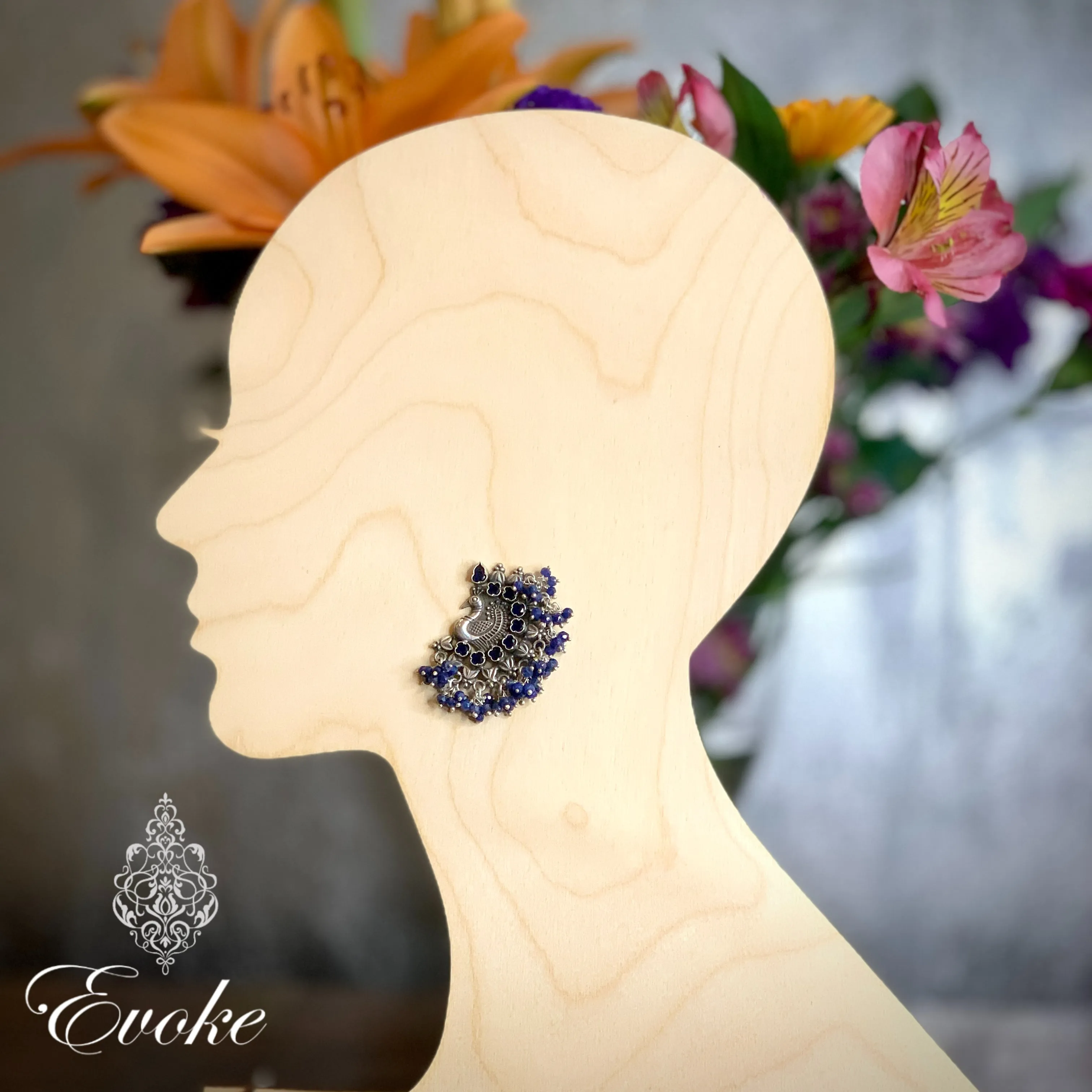 Peacock Motif Silver Earrings with Uncut Sapphires