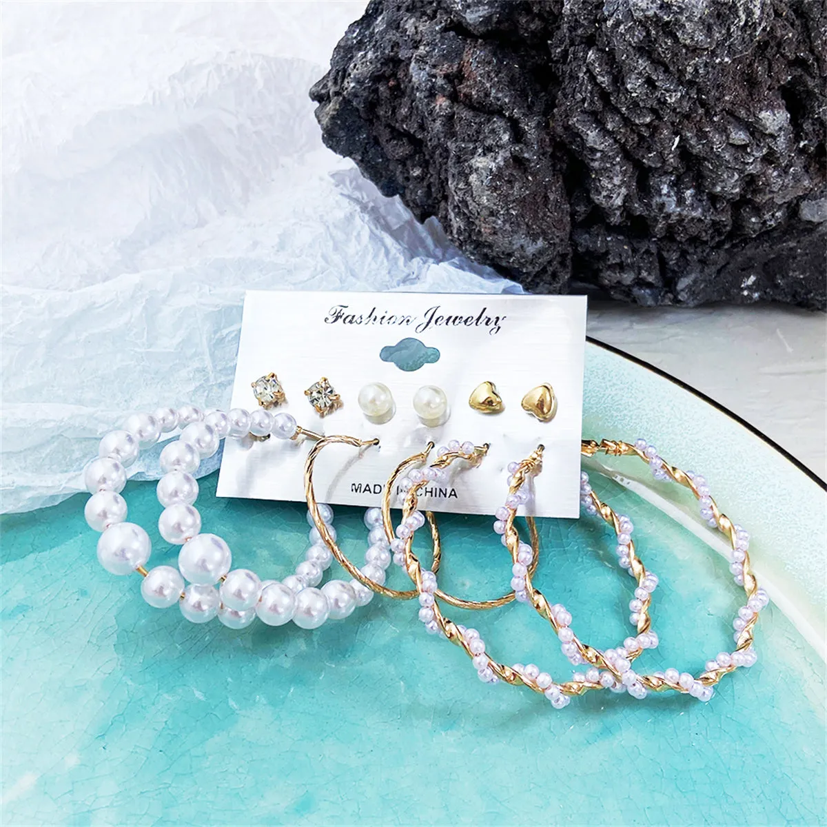 Pearl & Cubic Zirconia 18K Gold-Plated Stud & Hoop Earring Set