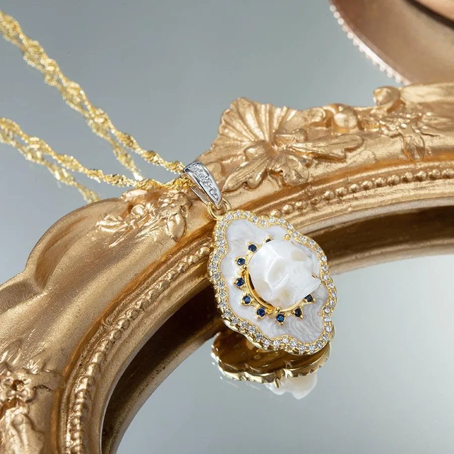 Pearl Skull White Shell Double Halo Gemstone Necklace