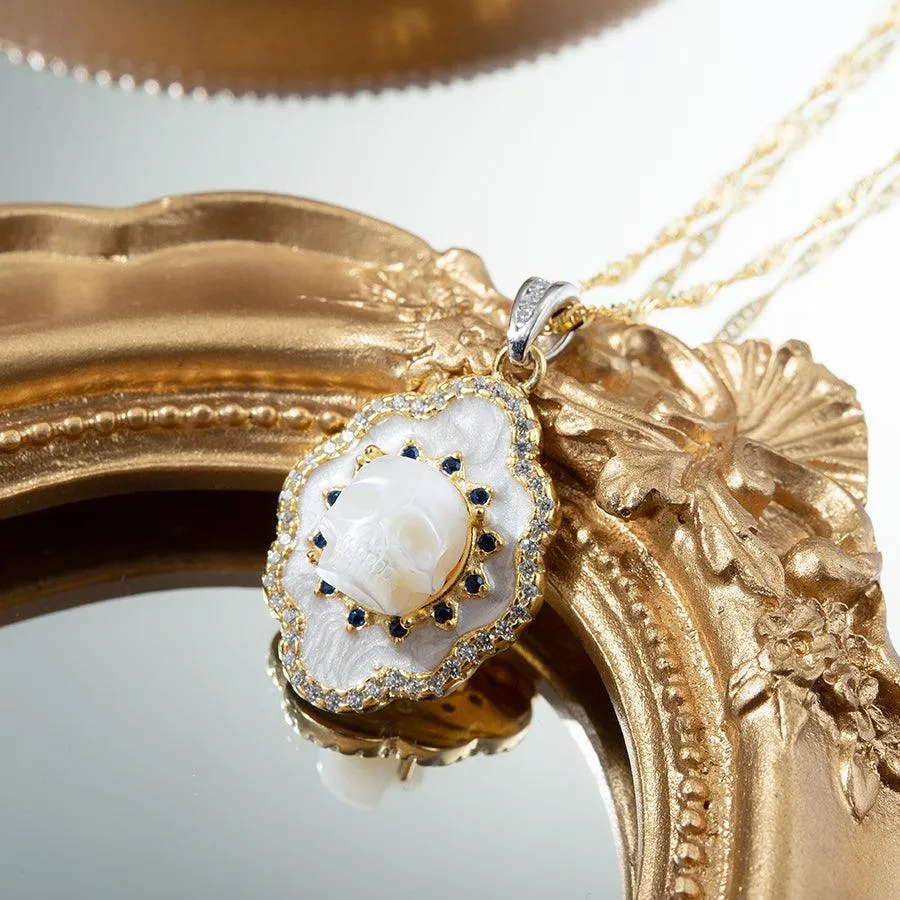 Pearl Skull White Shell Double Halo Gemstone Necklace
