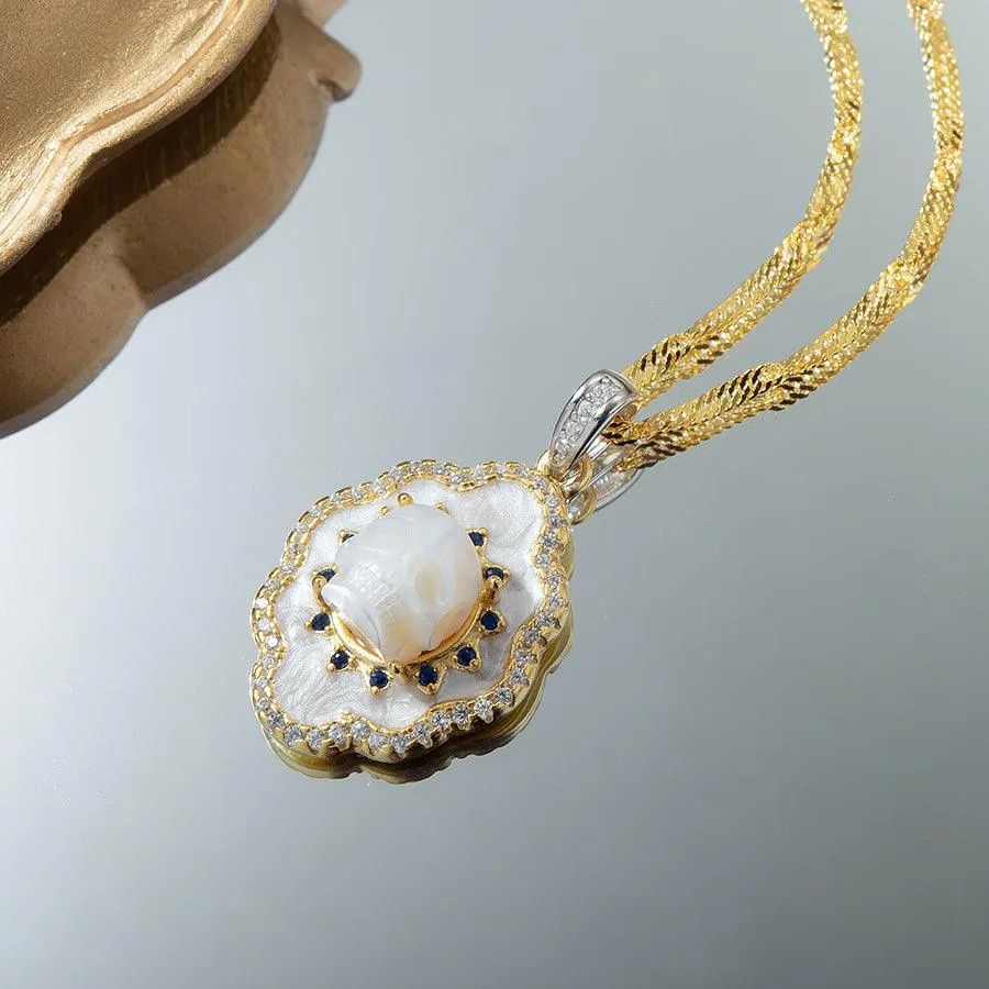 Pearl Skull White Shell Double Halo Gemstone Necklace