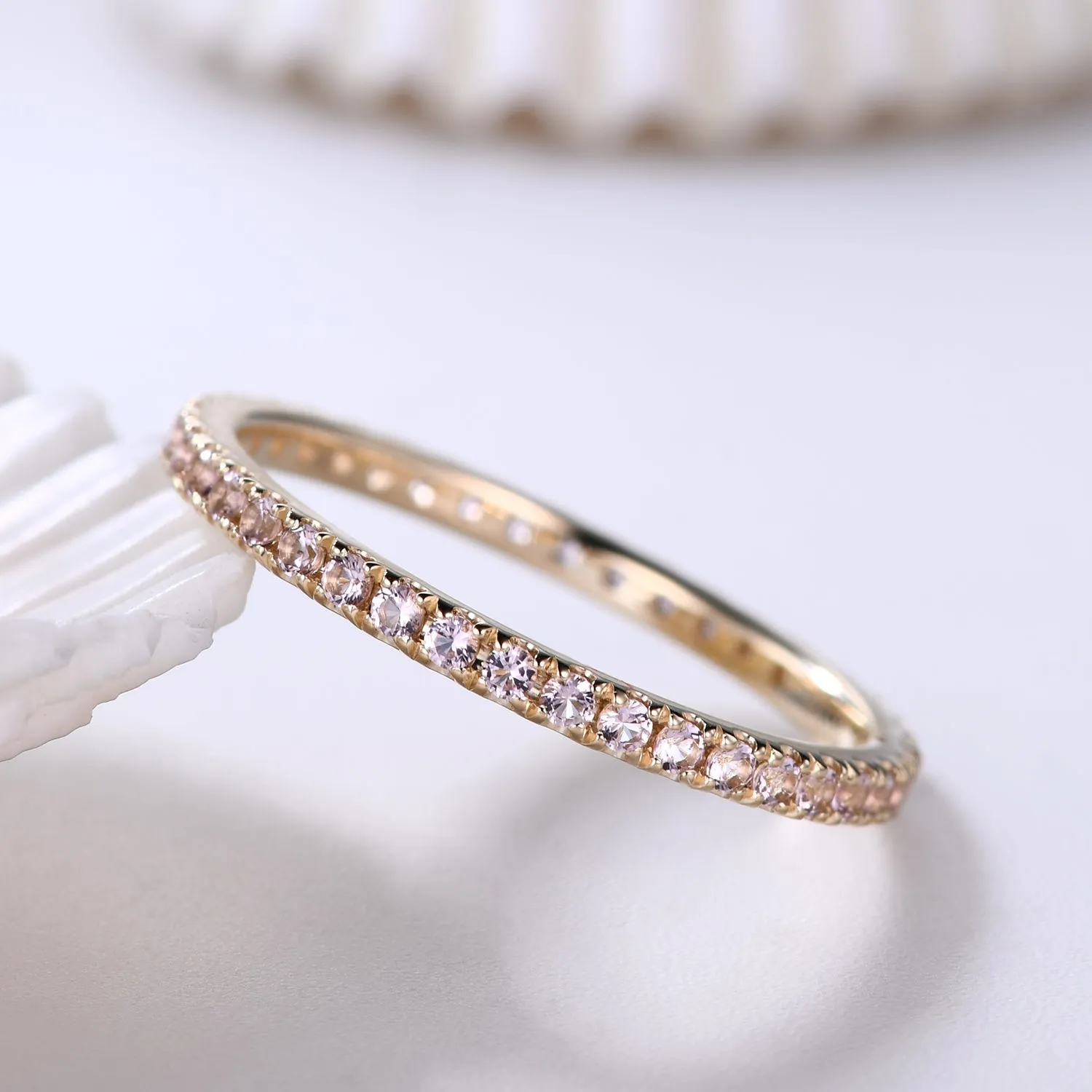 Petite Morganite Wedding Band Micro Pave 14k Yellow Gold Eternity Ring