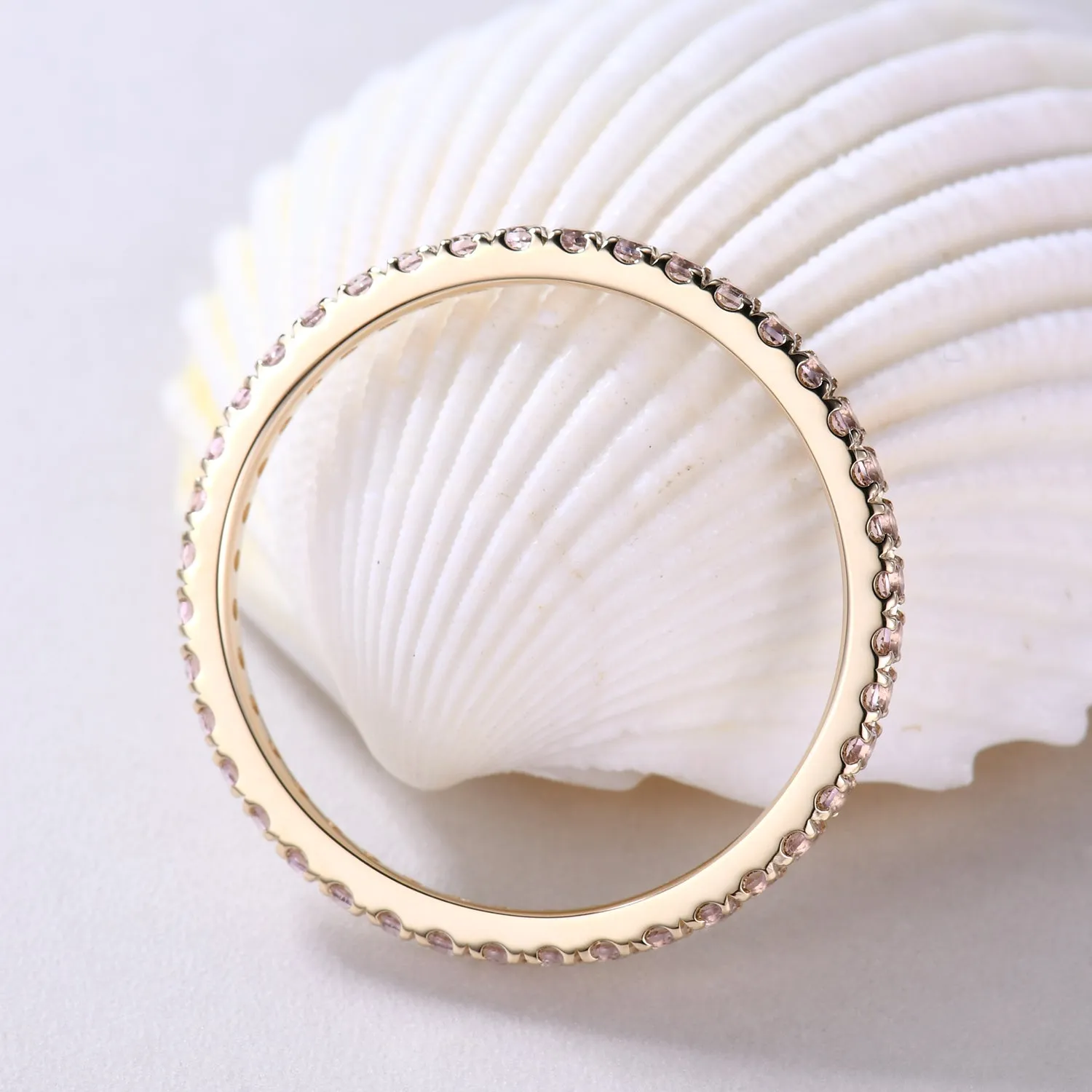 Petite Morganite Wedding Band Micro Pave 14k Yellow Gold Eternity Ring