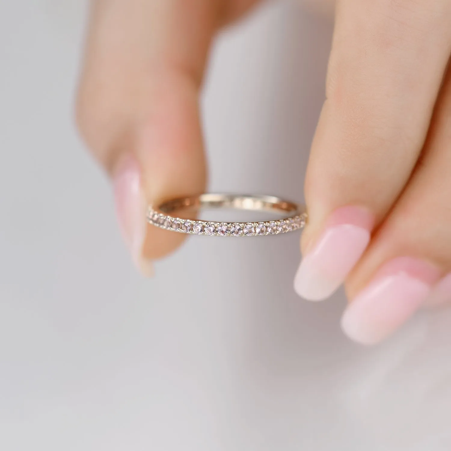 Petite Morganite Wedding Band Micro Pave 14k Yellow Gold Eternity Ring